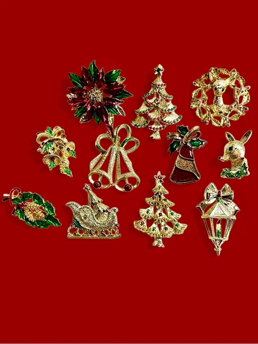Christmas Brooches Signed Gerry’s‎ Rhinestones Enamel Vintage EUC